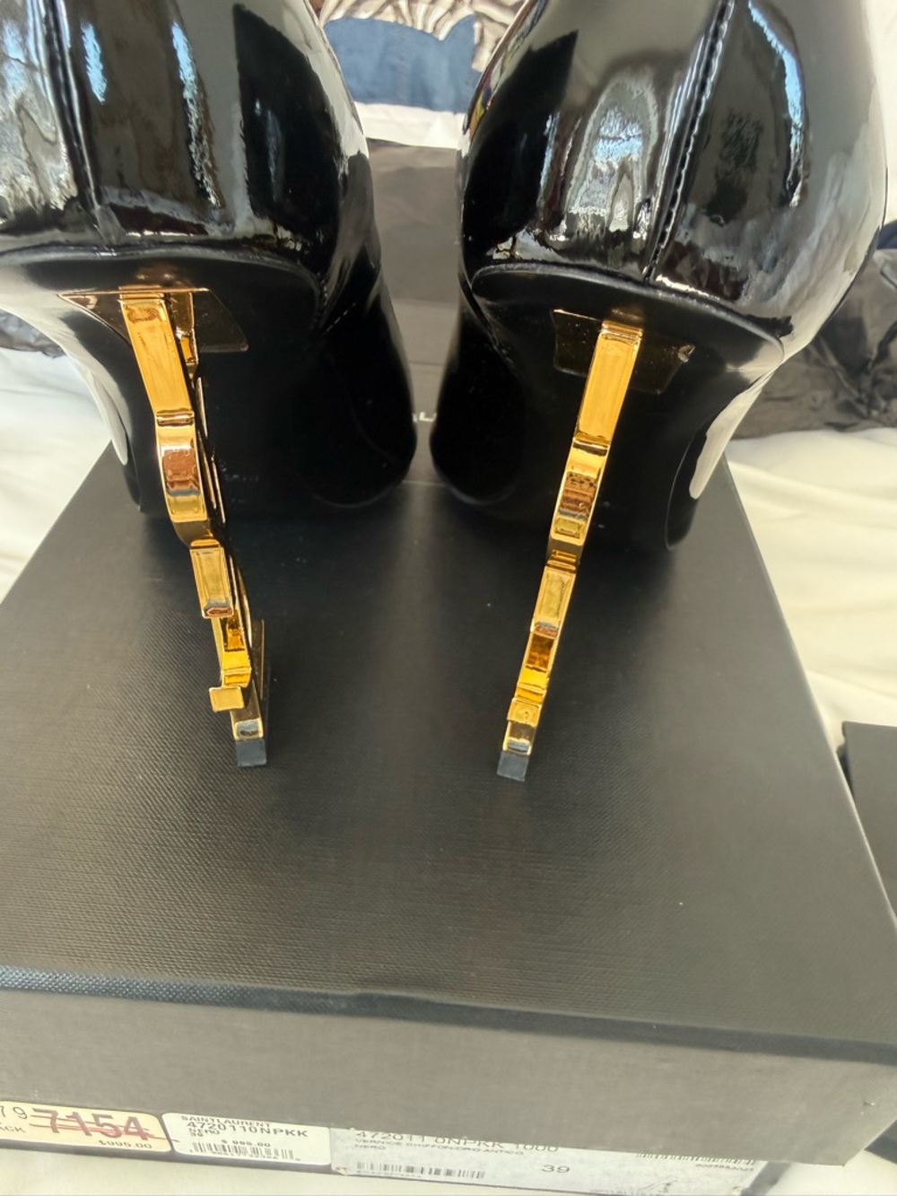 Saint Laurent Black Patent Opyum Stiletto Pumps with Gold YSL Heel - Picture 5 of 7